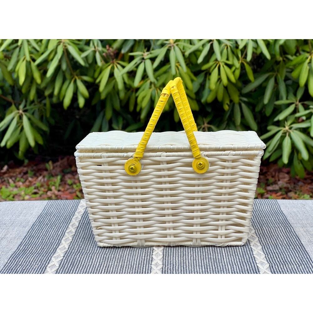 Vintage Antique Small Sewing Basket Child's Size Toy Plastic Yellow White